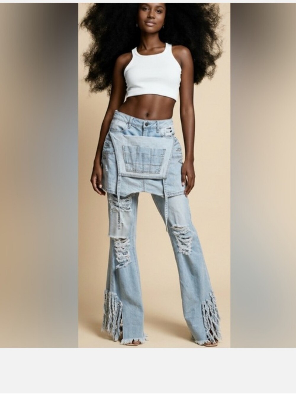 Upcyled Light Blue Distressed Fringe Women’s Jeans